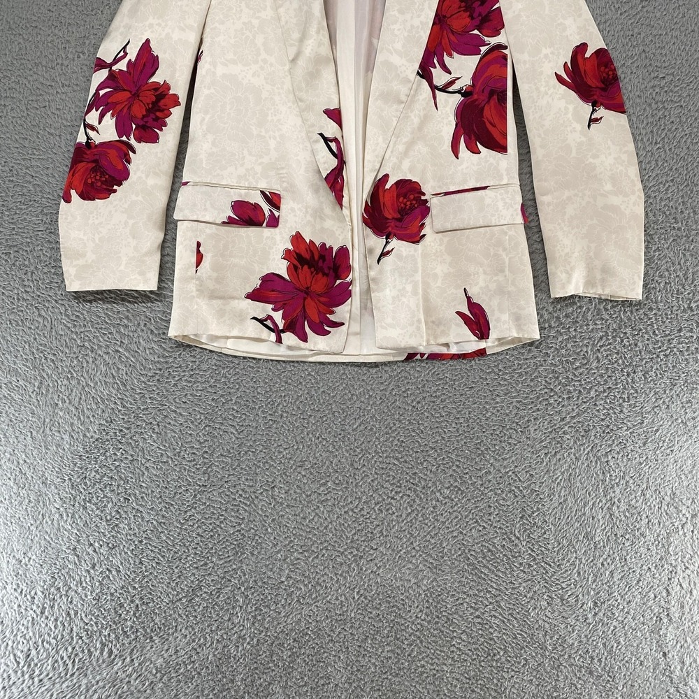 Zara Floral‎ Print Satin Effect Blazer Womens Large Cream Pink Open Front Jacket - Picture 3 of 14